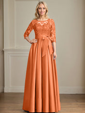 A-line Scoop Illusion Floor-Length Satin Lace Mother of the Bride Dress With Sequins Bow