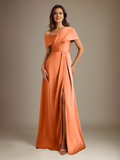A-Line Asymmetrical Neckline Floor-Length Satin Mother of the Bride Dress With Pleated