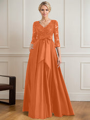 A-line V-Neck Floor-Length Satin Lace Mother of the Bride Dress With Sequins Bow