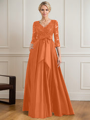 A-line V-Neck Floor-Length Satin Lace Mother of the Bride Dress With Sequins Bow