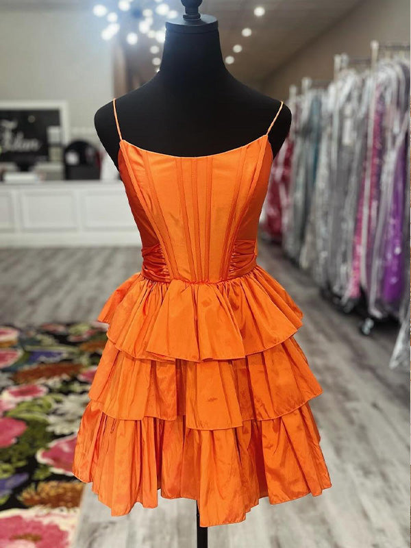 Orange A-line Straps Satin Ruffle Short Homecoming Dress
