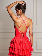 Orange A Line Halter Neck Satin Tiered Homecoming Dress with Keyhole