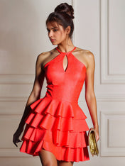 Orange A Line Halter Neck Satin Tiered Homecoming Dress with Keyhole