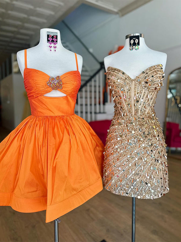 Orange A Line Ruched Short Beaded Homecoming Dress