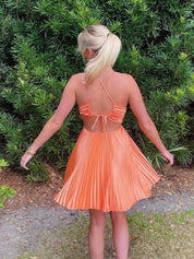 Orange A Line Spaghetti Straps Pleated Short Homecoming Party Dress