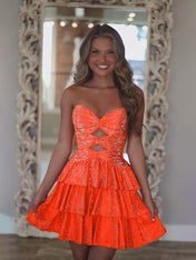 Orange A Line Strapless Sweetheart Satin Homecoming Dress with Keyhole