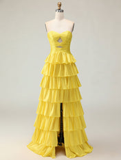 Orange A Line Strapless Sweetheart Satin Prom Dress with Keyhole