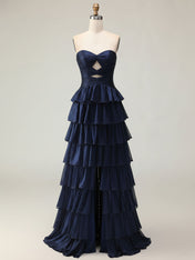 Orange A Line Strapless Sweetheart Satin Prom Dress with Keyhole