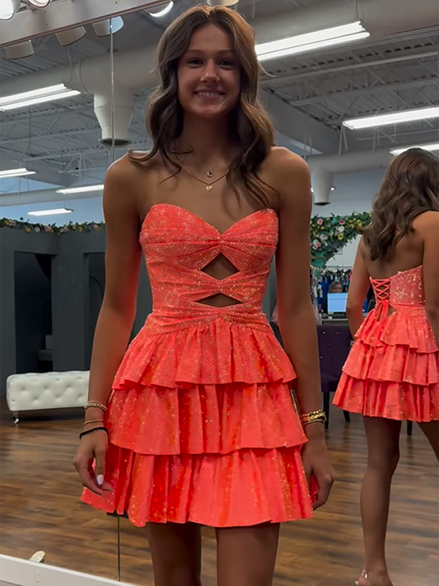 Orange A Line Strapless Sweetheart Satin Short Homecoming Dress with Keyhole