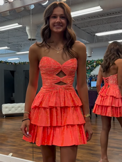 Orange A Line Strapless Sweetheart Satin Short Homecoming Dress with Keyhole