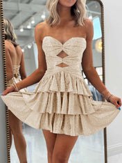 A Line Strapless Sweetheart Satin Short Homecoming Dress with Keyhole