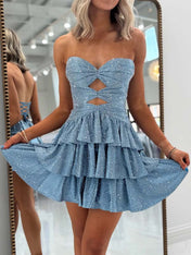 A Line Strapless Sweetheart Satin Short Homecoming Dress with Keyhole