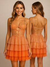 Orange A Line Sweetheart Tiered Satin Homecoming Dress with Keyhole