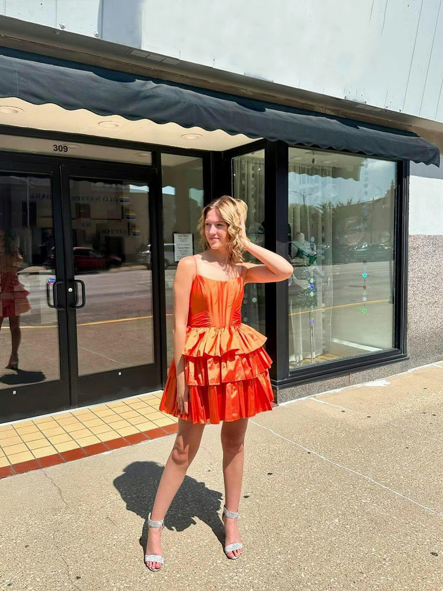  Orange A Line Tiered Short Homecoming Dress with Bow