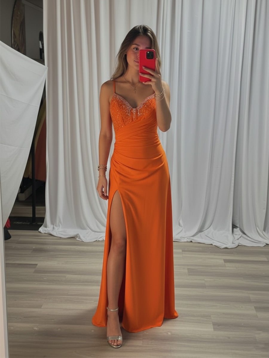 Orange Beaded V Neck Corset Bodice Long Prom Dress with Slit