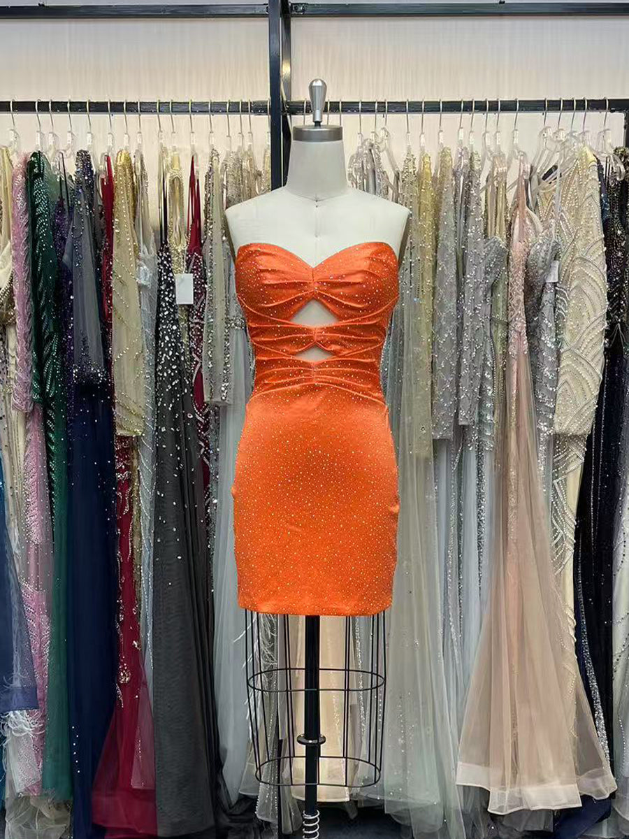 Orange Bodycon Strapless Sweetheart Short Homecoming Dress with Keyholes