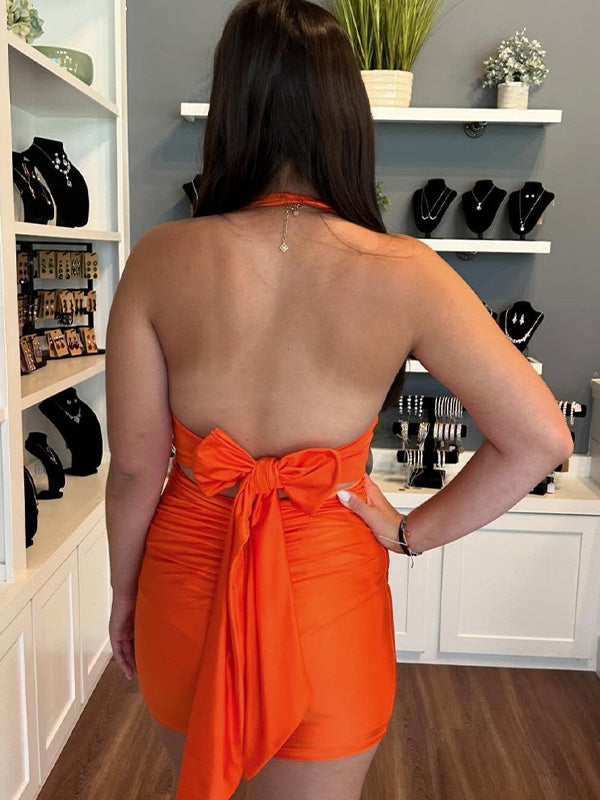 Orange Halter Tight Bow Back Satin Homecoming Dress