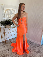 Orange Mermaid Strapless Long Prom Dress with Beads