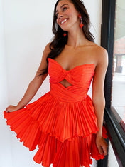 Orange Pleated A-line Short Homecoming Dress with Keyhole