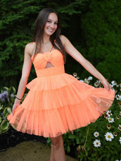 Orange Spaghetti Straps A-Line Tulle Tiered Short Homecoming Dress