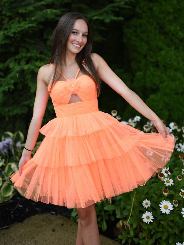 Orange Spaghetti Straps A-Line Tulle Tiered Short Homecoming Dress
