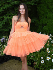 Orange Spaghetti Straps A-Line Tulle Tiered Short Homecoming Dress