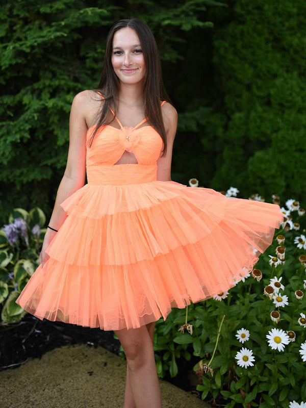 Orange Spaghetti Straps A-Line Tulle Tiered Short Homecoming Dress