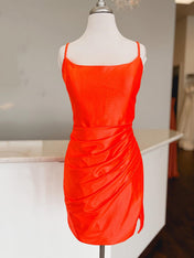 Orange Spaghetti Straps Ruched Bodycon Short Homecoming Dress
