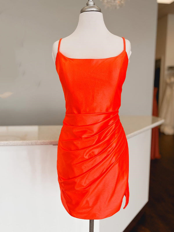 Orange Spaghetti Straps Ruched Bodycon Short Homecoming Dress