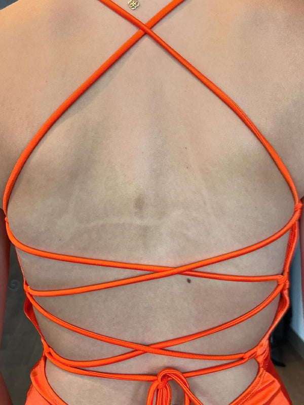 Orange Spaghetti Straps Ruched Sheath Short Homecoming Dress