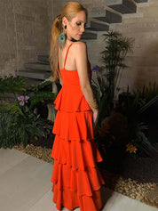 Orange Spaghetti Straps V-Neck Tiered Sleeveless Long Prom Dress