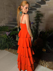 Orange Spaghetti Straps V-Neck Tiered Sleeveless Long Prom Dress