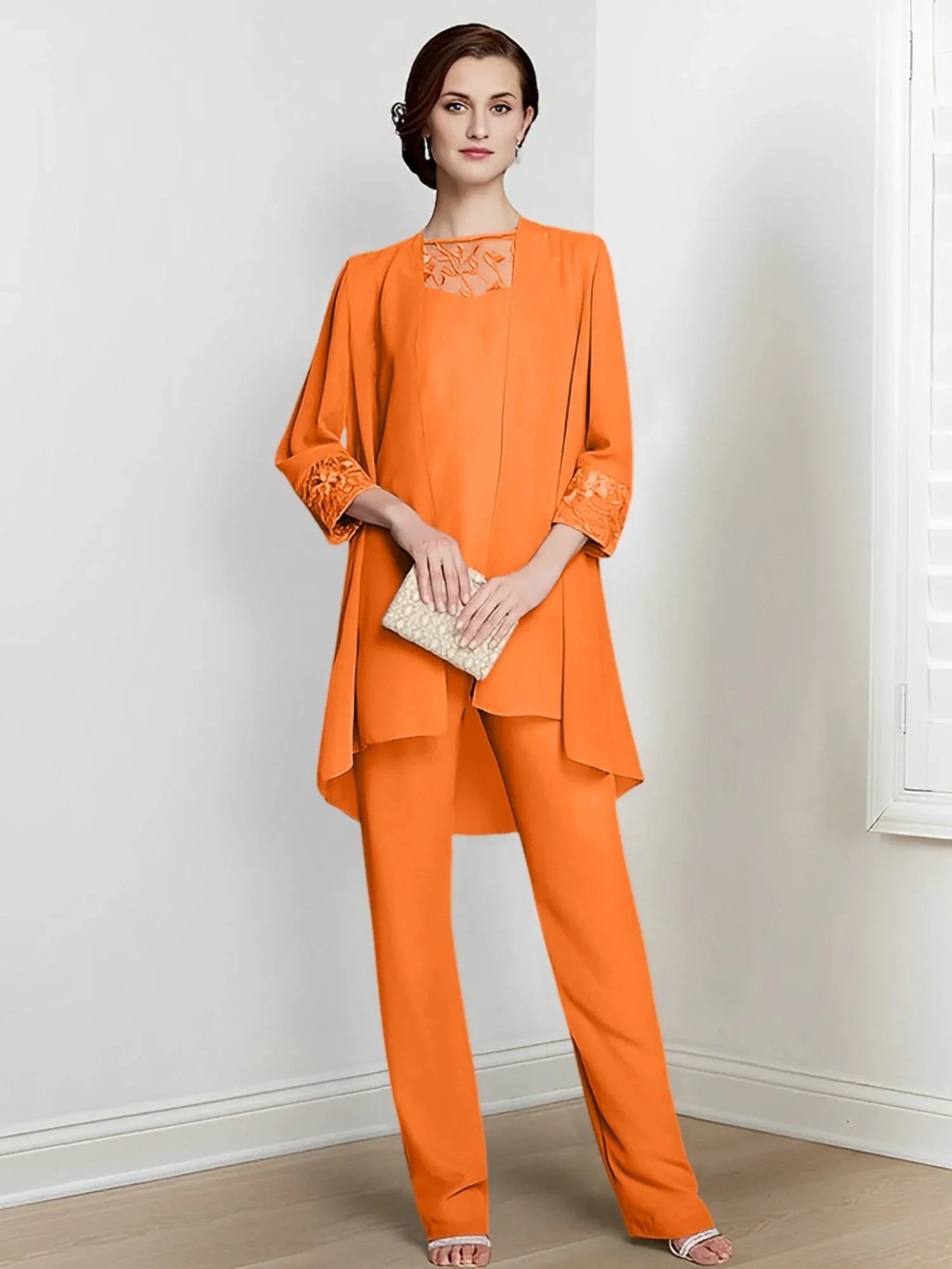 Tailleur-pantalon en mousseline à manches longues pour mère de la mariée avec veste 