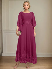Robe de mère de la mariée trapèze en mousseline de soie et dentelle, longueur cheville, décolleté en V, illusion, avec paillettes 