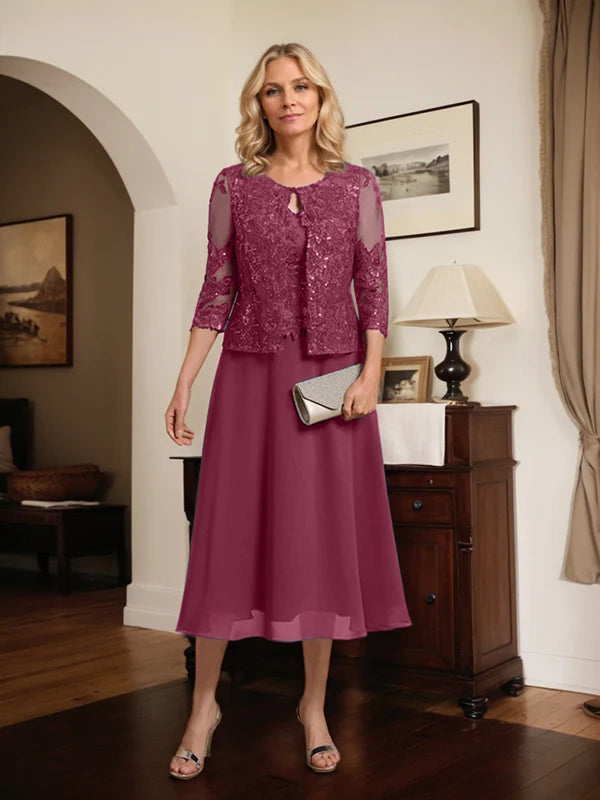 A-line Scoop Tea-Length Lace Chiffon Mother of the Bride Dress With Sequins