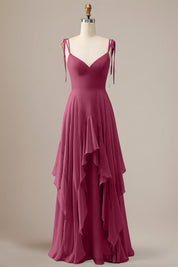 Elegant Dusty Blue A Line Spaghetti Straps Chiffon Long Bridesmaid Dress with Ruffles