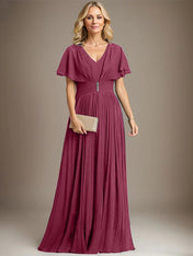 A-line V-Neck Floor-Length Chiffon Mother of the Bride Dress With Crystal Brooch Pleated