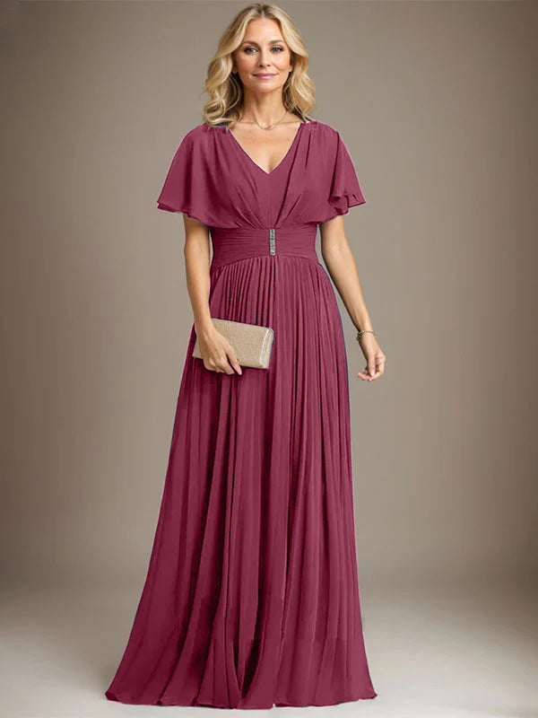 A-line V-Neck Floor-Length Chiffon Mother of the Bride Dress With Crystal Brooch Pleated