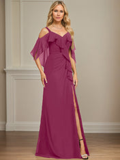 Sheath/Column Cold Shoulder V-Neck Floor-Length Chiffon Dress With Cascading Ruffles Sequins Beading
