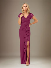 Sheath/Column V Neck Short Sleeve Floor Length Chiffon Dress With Cascading Ruffles