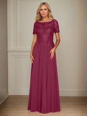 A Line Chiffon Boat Neck Short Sleeves Floor Length Mother of the Bride Dresses