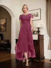 A-line Scoop Illusion Asymmetrical Chiffon Lace Mother of the Bride Dress With Bow Ruffle Sequins
