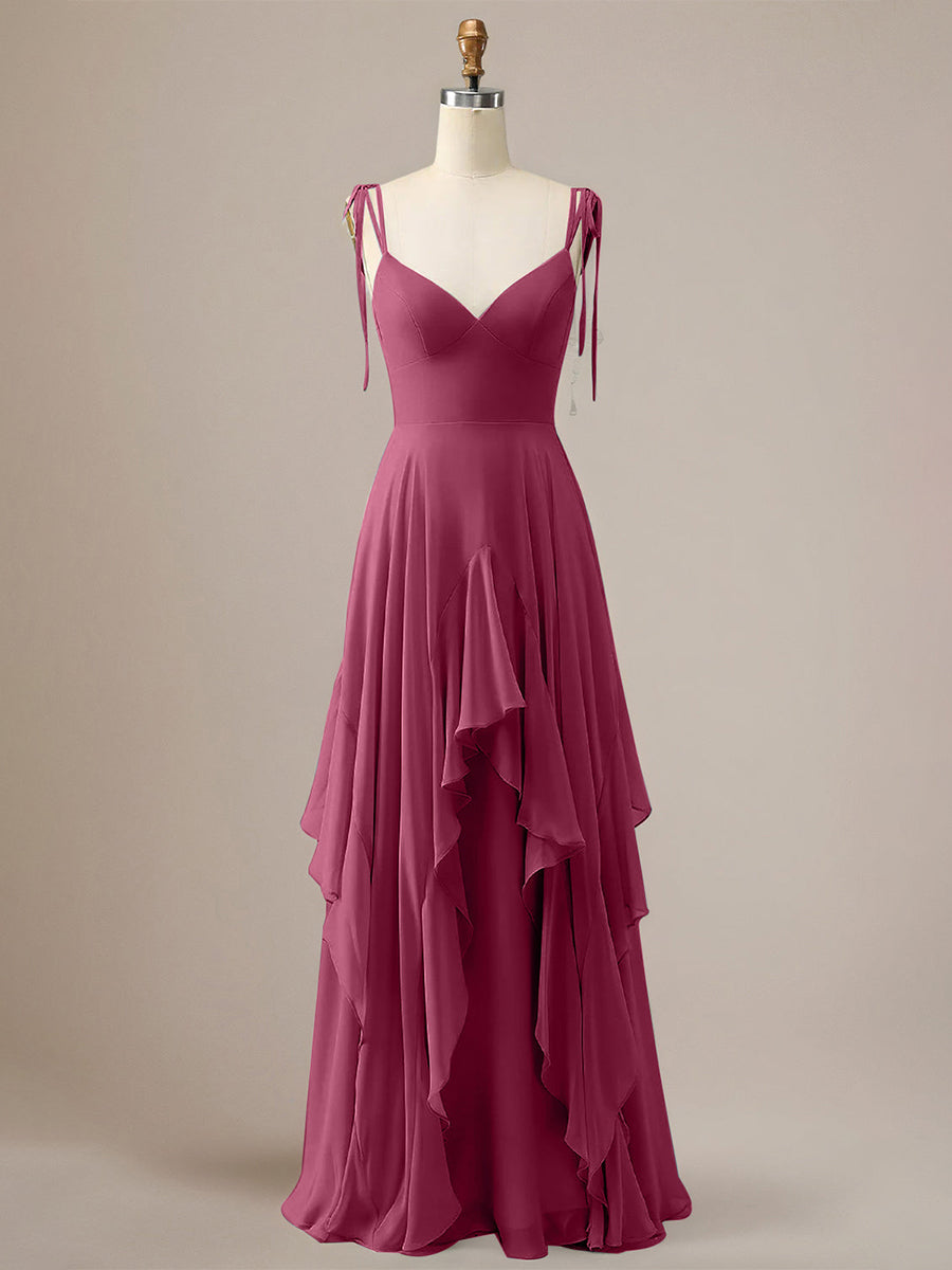 Elegant Dusty Blue A Line Spaghetti Straps Chiffon Long Bridesmaid Dress with Ruffles