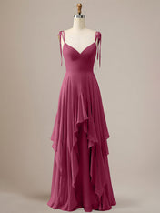 Elegant Dusty Blue A Line Spaghetti Straps Chiffon Long Bridesmaid Dress with Ruffles