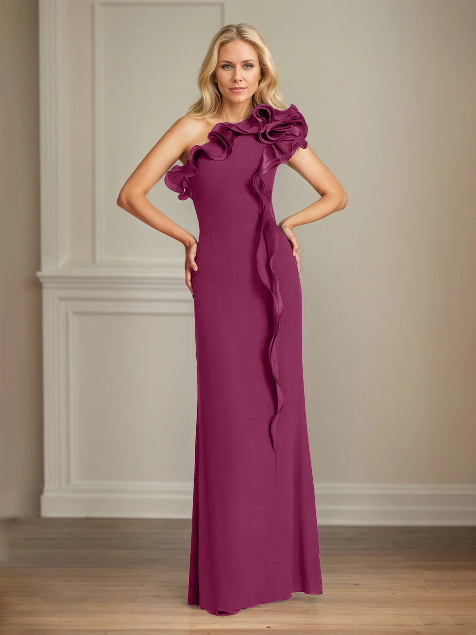 Column One Shoulder Floor Length Mother of the Bride Dresses With Ruffles