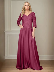 A Line Chiffon V Neck 3/4 Sleeves Floor-Length Mother Of The Bride Dress With Appliques