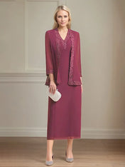 Sheath/Column Chiffon V Neck 3/4 Sleeves Tea Length Mother Of The Bride Dress