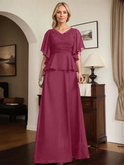 A-line V-Neck Floor-Length Chiffon Mother of the Bride Dress With Pleated Beading