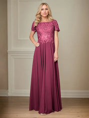 A Line Chiffon Boat Neck Short Sleeves Floor Length Pleated Mother of the Bride Dresses