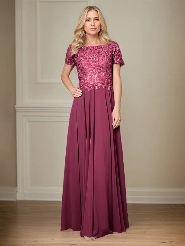 A Line Chiffon Boat Neck Short Sleeves Floor Length Pleated Mother of the Bride Dresses